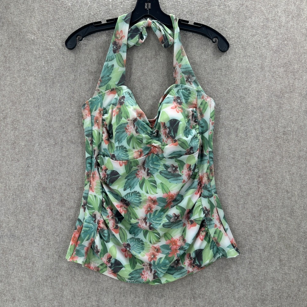 Ruby Ribbon Tankini Top Womens 12 Green Floral Halter Ruched Swim
